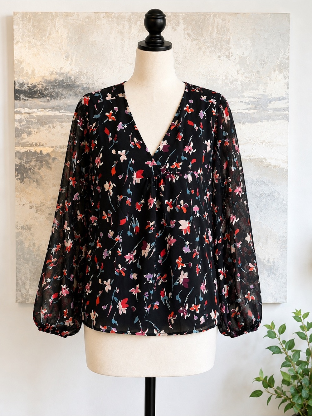 Madewell Black Floral V-Neck Long Sleeve Boho Blouse Top Size Medium